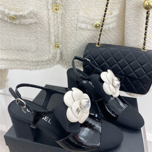 High Quality Luxury Chanel Camellia Bow Chunky Heel Sandals