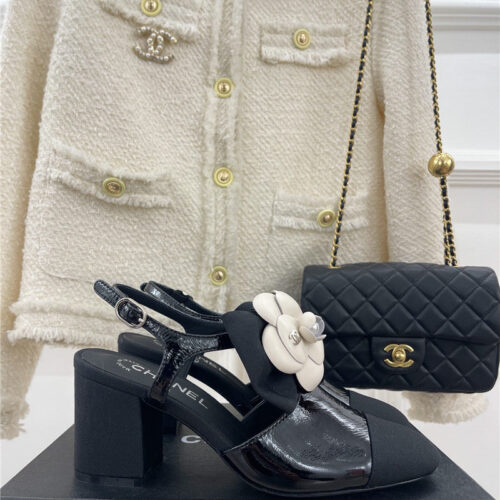 High Quality Luxury Chanel Camellia Bow Chunky Heel Sandals alternate view