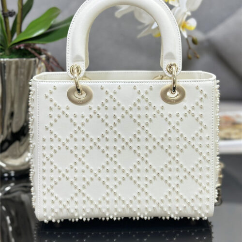 High Quality Luxury Lady Dior Five-Frame Embroidered White Pearl Bag alternate view