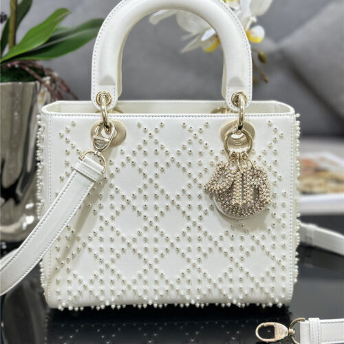 High Quality Luxury Lady Dior Five-Frame Embroidered White Pearl Bag