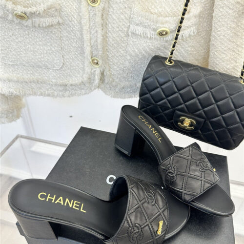 High Quality Luxury Chanel Rhombus Cc Logo Chunky Heel Slippers