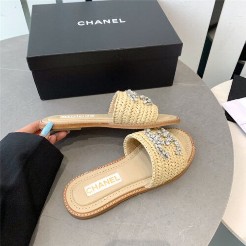 High Quality Luxury Chanel Rhinestone Double C Artificial Woven Sandals And Slippers – Style 49510 product detail