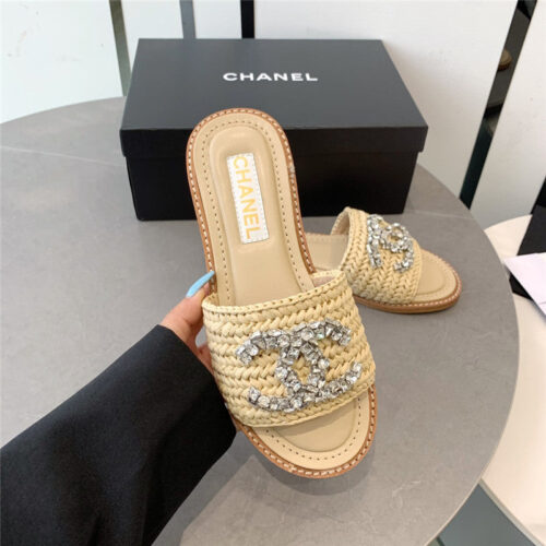 High Quality Luxury Chanel Rhinestone Double C Artificial Woven Sandals And Slippers – Style 49510 product detail