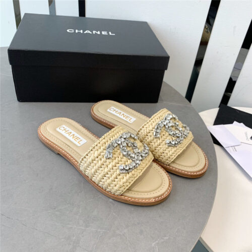 High Quality Luxury Chanel Rhinestone Double C Artificial Woven Sandals And Slippers – Style 49510
