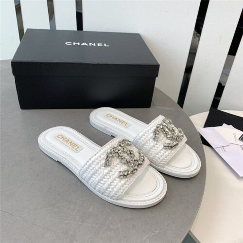 High Quality Luxury Chanel Rhinestone Double C Artificial Woven Sandals And Slippers