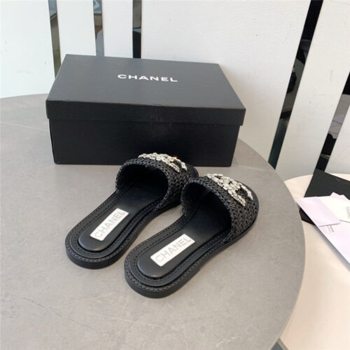 High Quality Luxury Chanel Rhinestone Double C Artificial Woven Sandals And Slippers – Style 52902 product detail