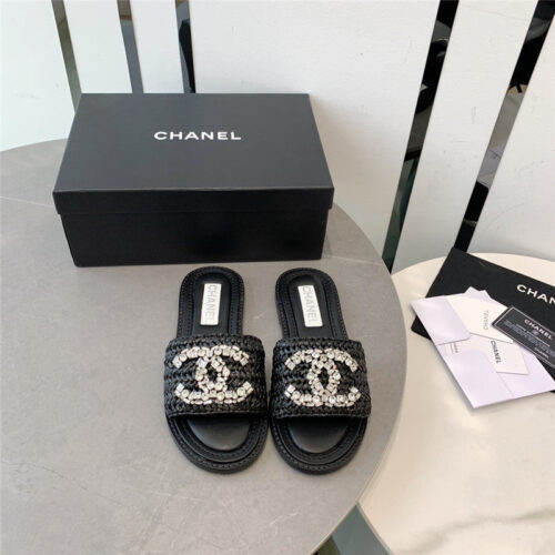 High Quality Luxury Chanel Rhinestone Double C Artificial Woven Sandals And Slippers – Style 52902 product detail