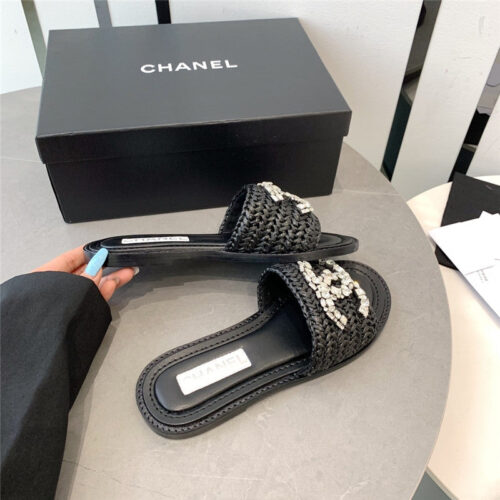 High Quality Luxury Chanel Rhinestone Double C Artificial Woven Sandals And Slippers – Style 52902 product detail