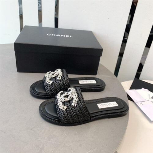 High Quality Luxury Chanel Rhinestone Double C Artificial Woven Sandals And Slippers – Style 52902 product detail
