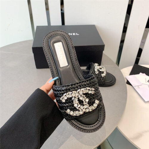 High Quality Luxury Chanel Rhinestone Double C Artificial Woven Sandals And Slippers – Style 52902 product detail
