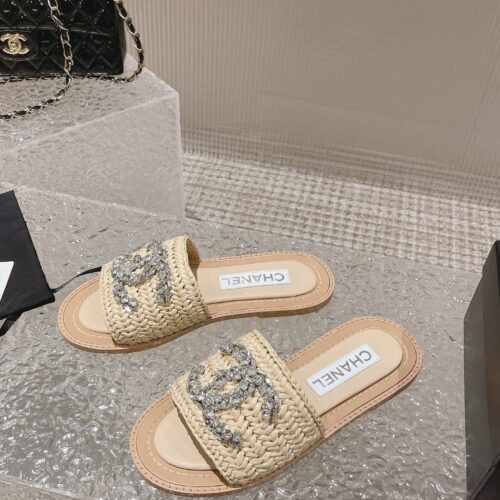 High Quality Luxury Chanel Rhinestone Woven Slippers