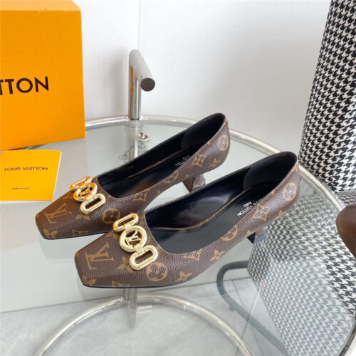 High Quality Luxury Louis Vuitton Chain Kitten Heel Square Toe Shoes – Style 71747