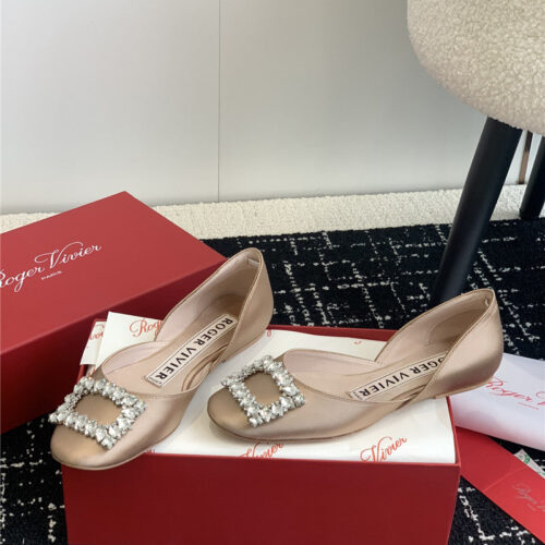 High Quality Luxury Roger Vivier Hollow Silk Satin Diamond Buckle Flat Shoes