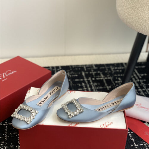 High Quality Luxury Roger Vivier Hollow Silk Satin Diamond Buckle Flat Shoes – Style 54100
