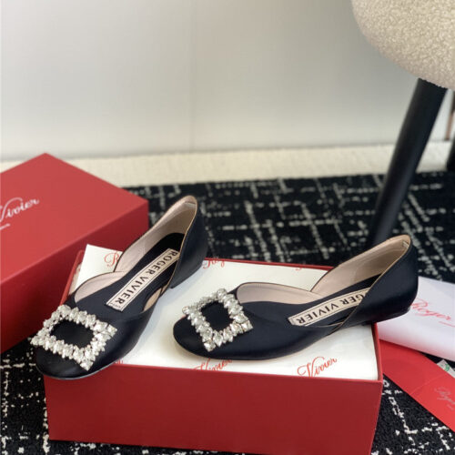 High Quality Luxury Roger Vivier Hollow Silk Satin Diamond Buckle Flat Shoes – Style 83476