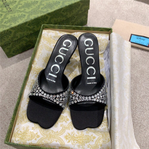 High Quality Luxury Gucci Rhinestone High Heel Slippers – Style 32211 product detail