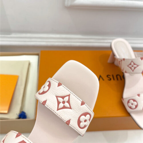 High Quality Luxury Louis Vuitton Plum Blossom Heel Embossed Sandals – Style 19075 product detail