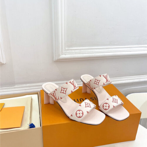High Quality Luxury Louis Vuitton Plum Blossom Heel Embossed Sandals – Style 19075