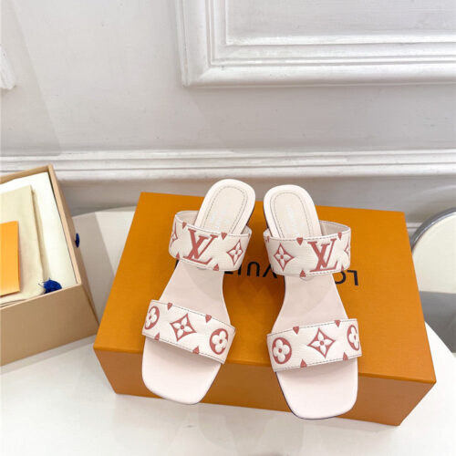 High Quality Luxury Louis Vuitton Plum Blossom Heel Embossed Sandals – Style 19075 product detail