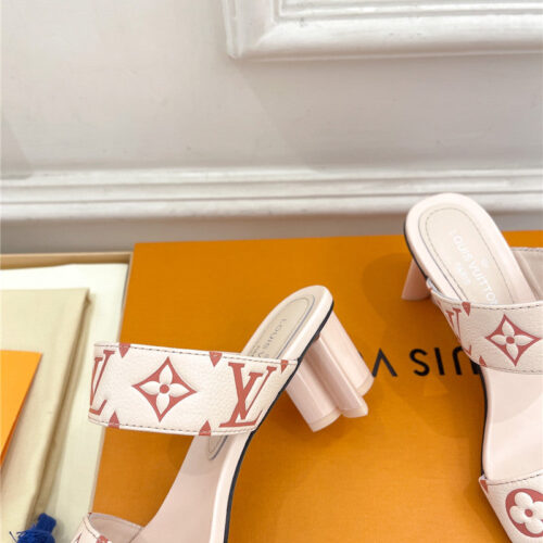High Quality Luxury Louis Vuitton Plum Blossom Heel Embossed Sandals – Style 19075 product detail
