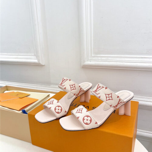 High Quality Luxury Louis Vuitton Plum Blossom Heel Embossed Sandals – Style 19075 product detail