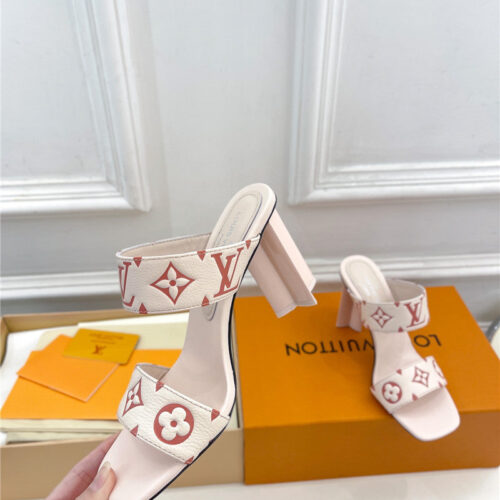 High Quality Luxury Louis Vuitton Plum Blossom Heel Embossed Sandals – Style 05507 product detail