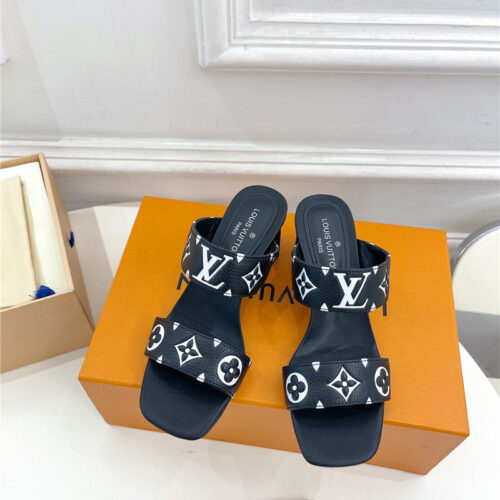 High Quality Luxury Louis Vuitton Plum Blossom Heel Embossed Sandals – Style 16771 product detail