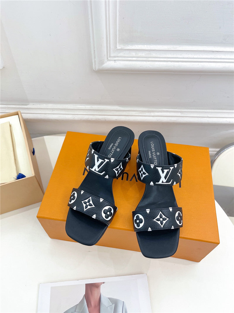 High Quality Luxury Louis Vuitton Plum Blossom Heel Embossed Sandals – Style 16771 product detail