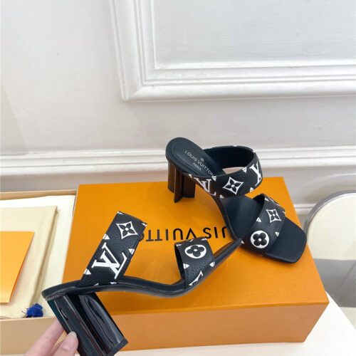 High Quality Luxury Louis Vuitton Plum Blossom Heel Embossed Sandals – Style 32035 product detail