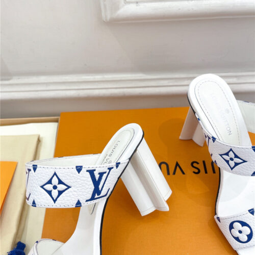 High Quality Luxury Louis Vuitton Plum Blossom Heel Embossed Sandals – Style 93635 product detail