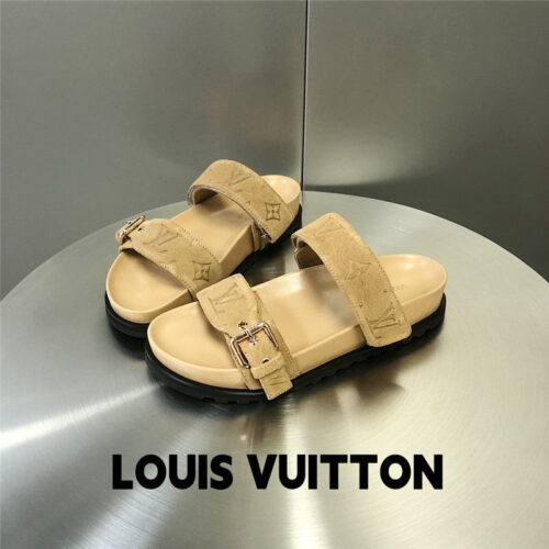 High Quality Luxury Louis Vuitton Metal Buckle Logo Platform Slippers – Style 98563