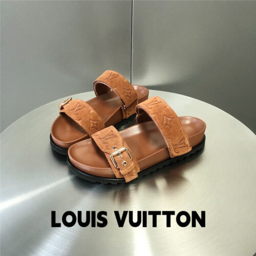 High Quality Luxury Louis Vuitton Metal Buckle Logo Platform Slippers