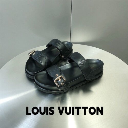 High Quality Luxury Louis Vuitton Metal Buckle Logo Platform Slippers – Style 27939