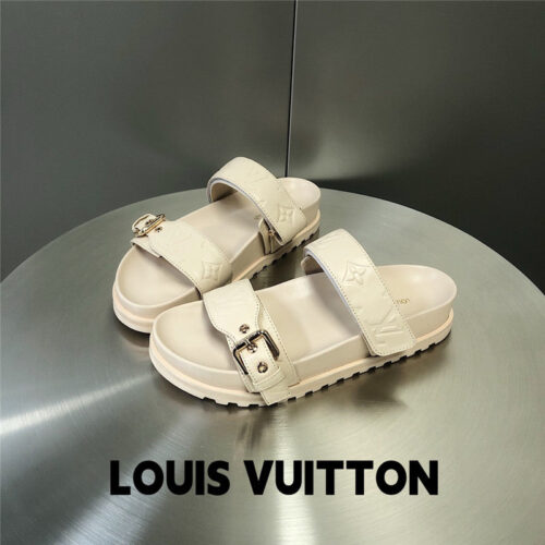 High Quality Luxury Louis Vuitton Metal Buckle Logo Platform Slippers – Style 60707