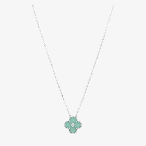 High Quality Luxury Van Cleef  Arpels 18K White Gold Diamond Celadon Green Sevres Porcelain Vintage Alhambra Pendant Necklace alternate view