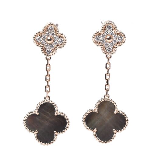 High Quality Luxury Van Cleef  Arpels 18K Rose Gold Diamond Grey Mother Of Pearl Magic Alhambra 2 Motifs Earrings alternate view