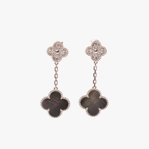 High Quality Luxury Van Cleef Arpels 18K Rose Gold Diamond Grey Mother Of Pearl Magic Alhambra 2 Motifs Earrings