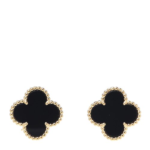 High Quality Luxury Van Cleef  Arpels 18K Yellow Gold/White Gold/Rose Gold Black Onyx Vintage Alhambra Earrings alternate view