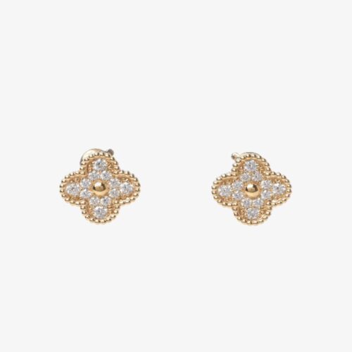 High Quality Luxury Van Cleef Arpels 18K Yellow Gold Diamond Vintage Alhambra Earrings