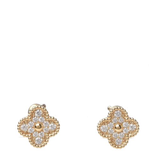 High Quality Luxury Van Cleef  Arpels 18K Yellow Gold Diamond Vintage Alhambra Earrings alternate view