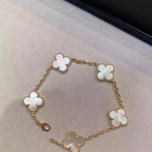 High Quality Luxury Van Cleef  Arpels 18K Yellow Gold Mother Of Pearl 5 Motifs Vintage Alhambra Bracelet alternate view