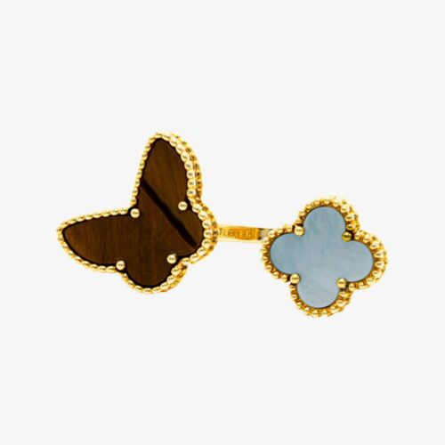 High Quality Luxury Van Cleef Arpels 18K Yellow Gold Mother Of Pearl Tiger Eye Lucky Alhambra Between The Finger Ring