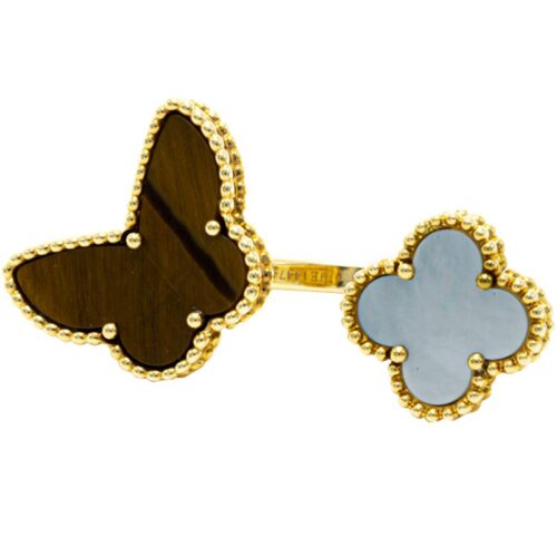 High Quality Luxury Van Cleef  Arpels 18K Yellow Gold Mother Of Pearl Tiger Eye Lucky Alhambra Between The Finger Ring product detail