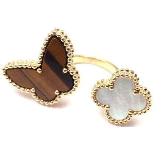 High Quality Luxury Van Cleef  Arpels 18K Yellow Gold Mother Of Pearl Tiger Eye Lucky Alhambra Between The Finger Ring product detail