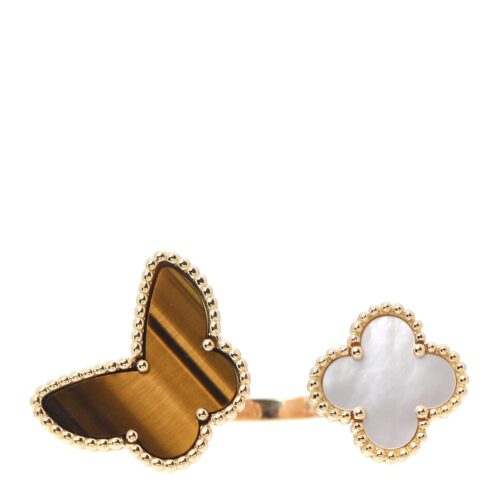 High Quality Luxury Van Cleef  Arpels 18K Yellow Gold Mother Of Pearl Tiger Eye Lucky Alhambra Between The Finger Ring alternate view