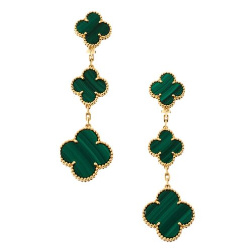 High Quality Luxury Van Cleef  Arpels Magic Alhambra 3 Motif Malachite 18K Yellow Gold/White Gold/Rose Gold Long Earrings alternate view