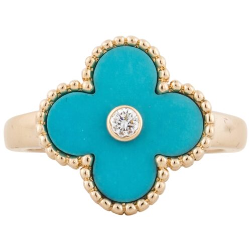 High Quality Luxury Van Cleef  Arpels Pre-Owned Vintage Alhambra Yellow Gold Ring In Turquoise alternate view