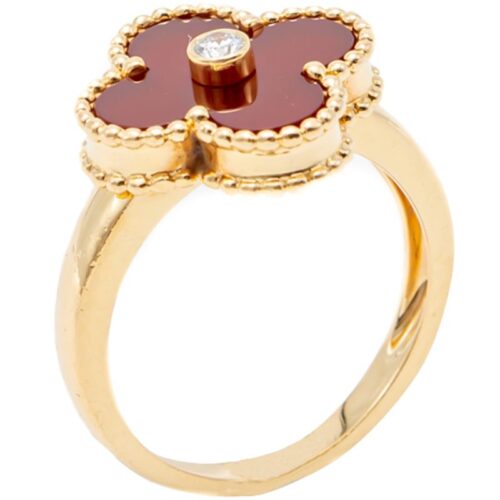 High Quality Luxury Van Cleef  Arpels Red Carnelian Vintage Alhambra Diamond Yellow Gold/White Gold alternate view