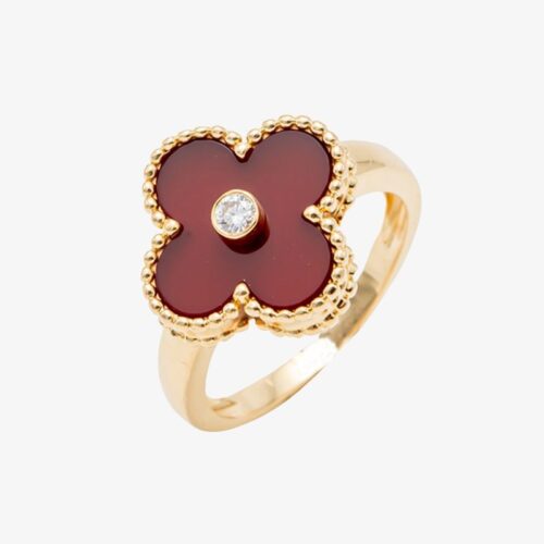 High Quality Luxury Van Cleef  Arpels Red Carnelian Vintage Alhambra Diamond Yellow Gold/White Gold