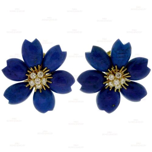 High Quality Luxury Van Cleef  Arpels Rose De Noel Lapis Lazuli Diamond 18K Yellow Gold Earrings product detail